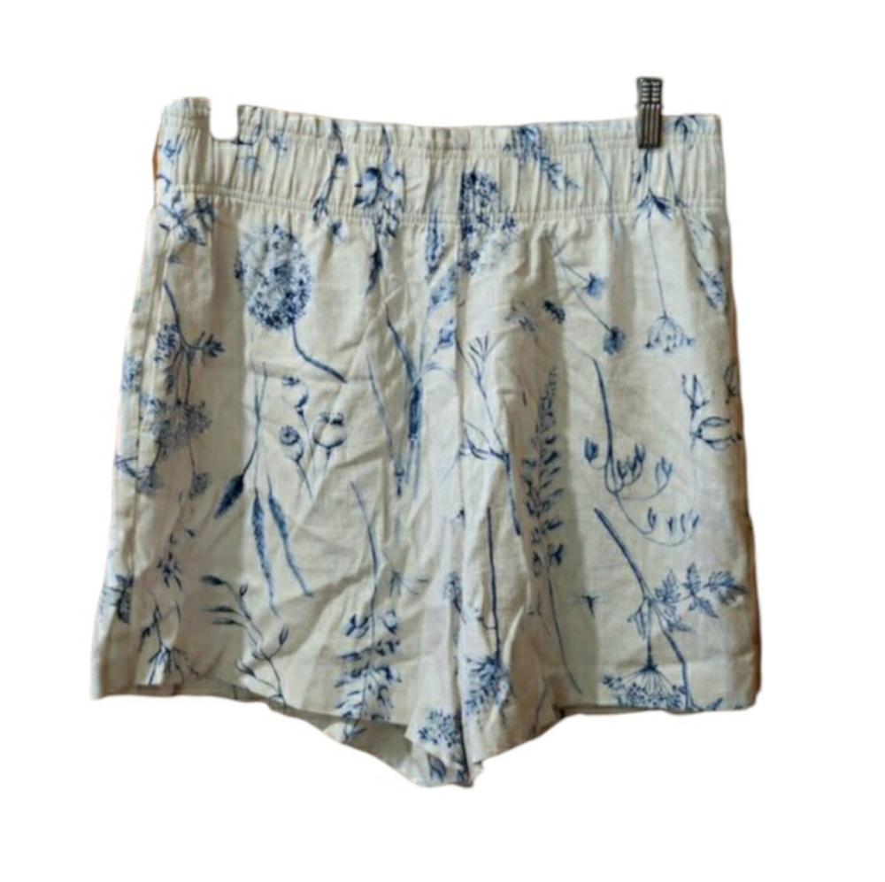 H&M White Blue China Floral High Waist Linen Blend Summer Shorts Size M NWT